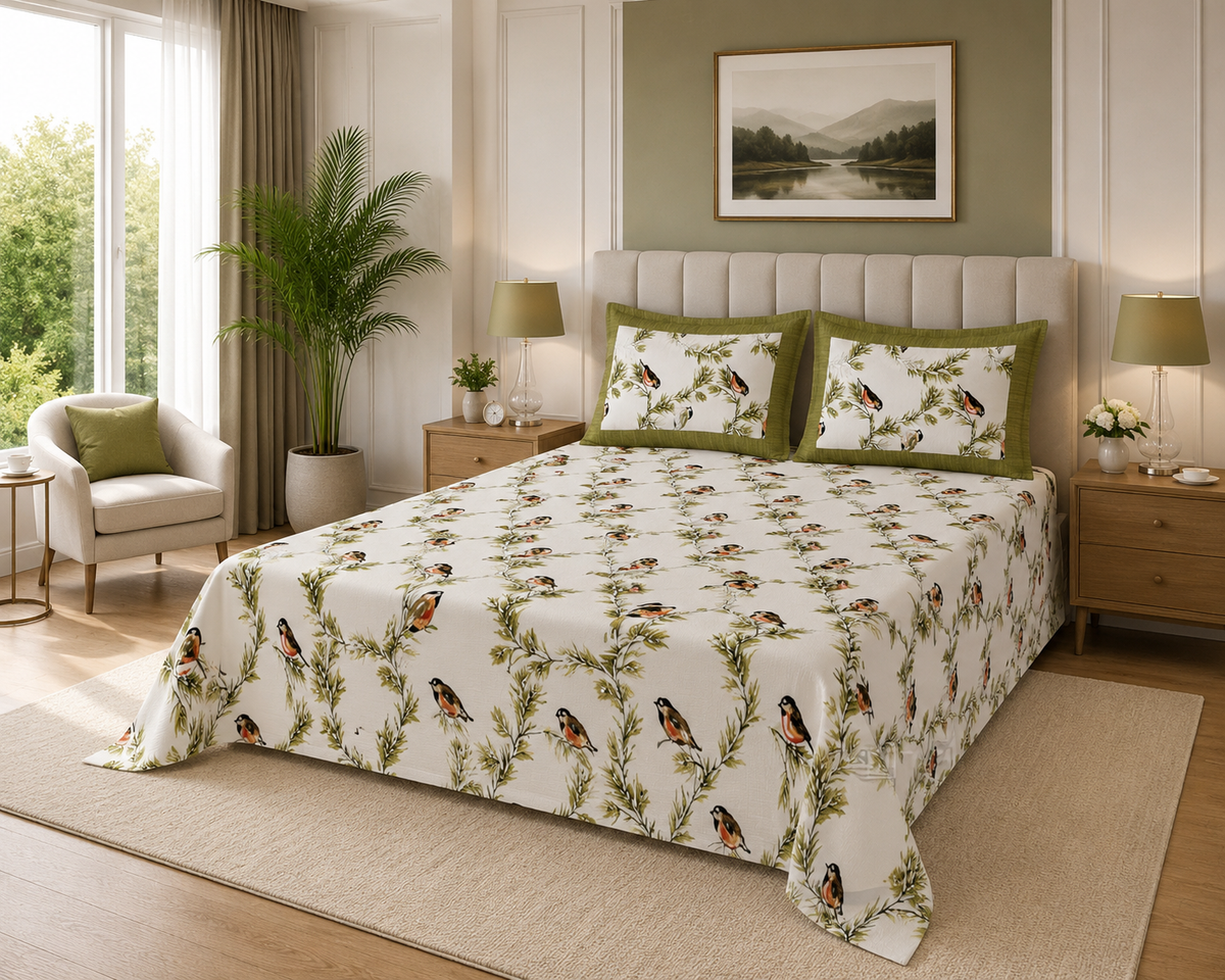 King Size Bedsheet - Ivory & Green RM