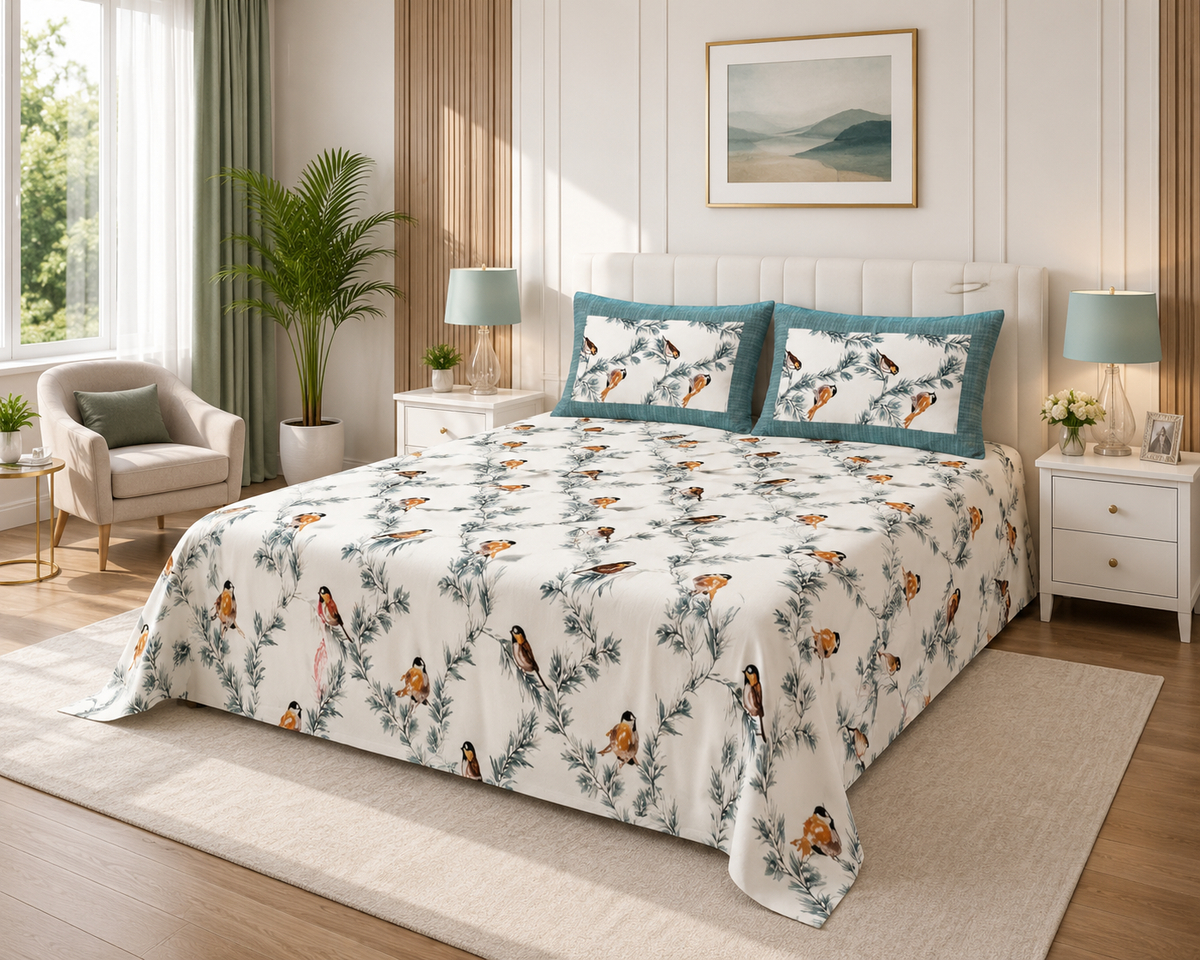 King Size Bedsheet - Ivory & Blue RM