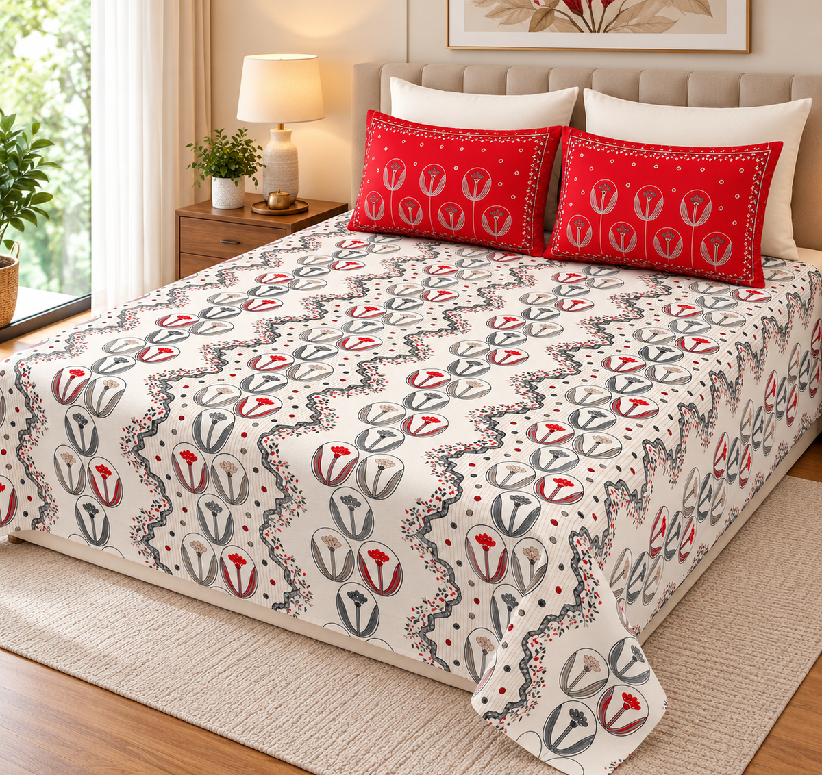 Super King Size Bedsheet - Cream Red KD