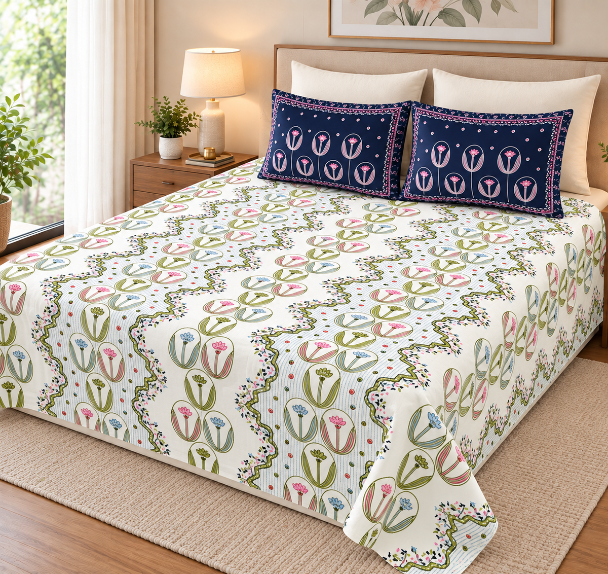 Super King Size Bedsheet - Ivory Blue KD