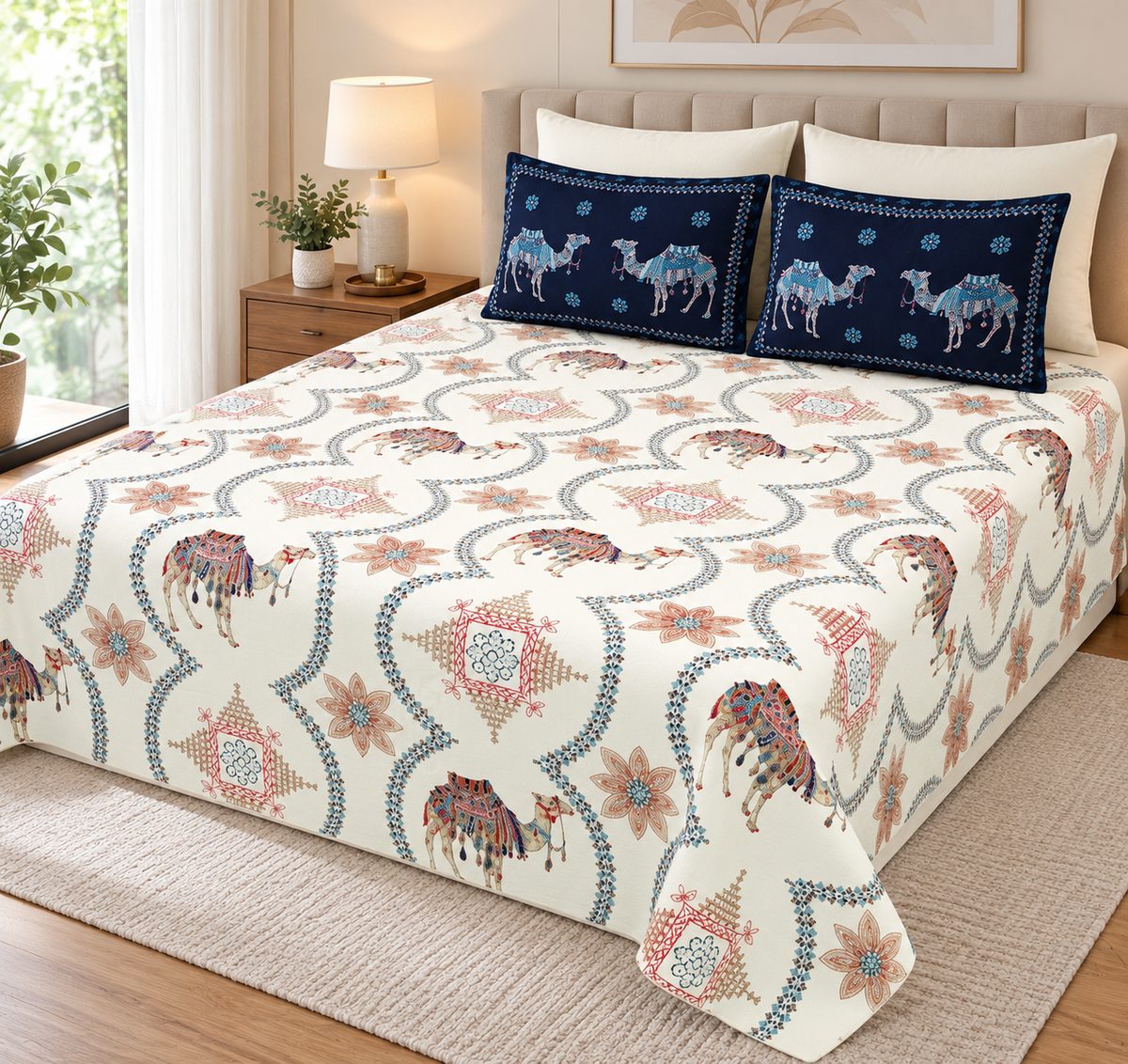 Super King Size Bedsheet - Ivory Deep Blue KD
