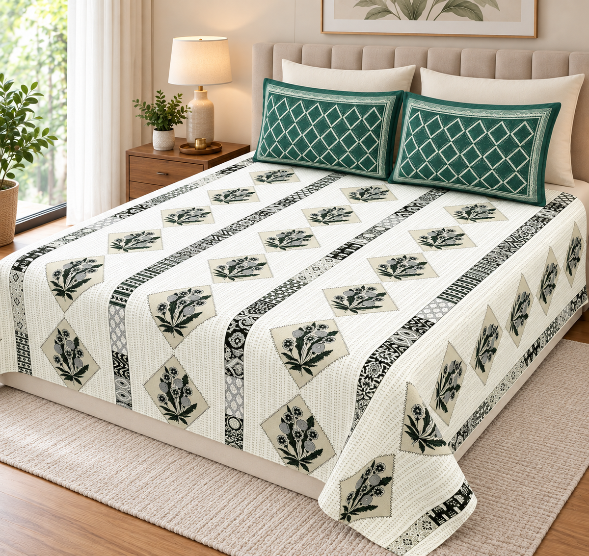 Super King Size Bedsheet - Ivory Green KD