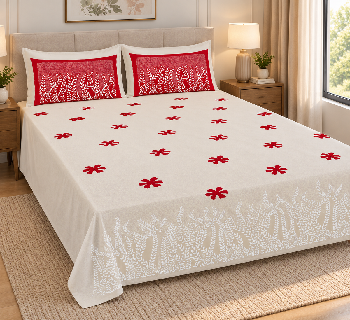 Super King Size Bedsheet - White and Red MW