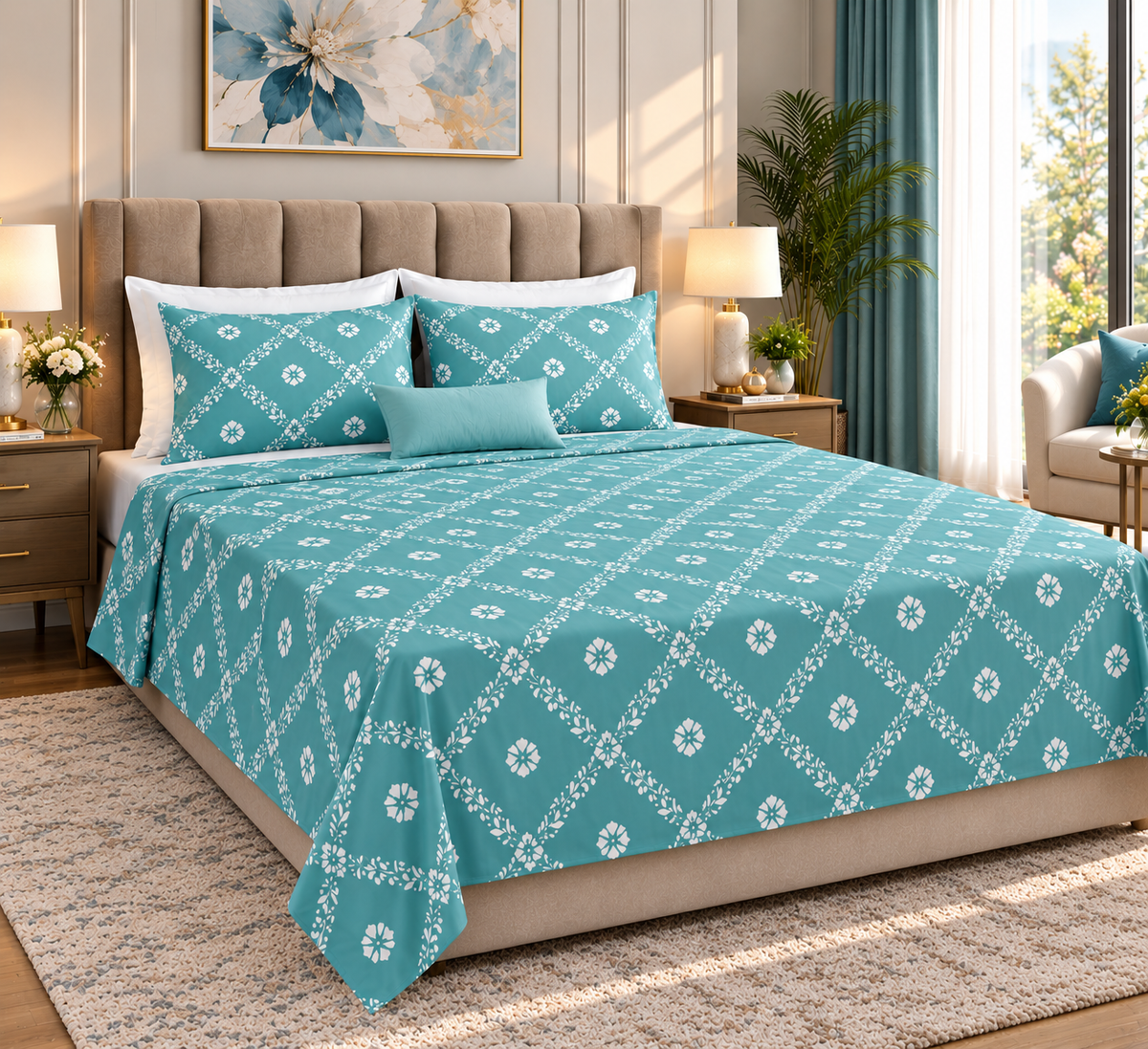 Super King Size Bedsheet - Turquoise Blue VN